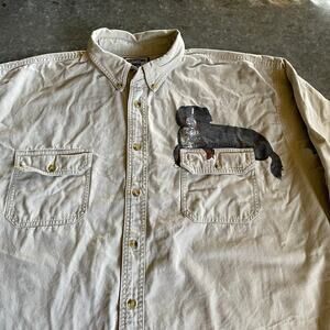 Vintage Lee Bernese Mountain Dog Painted Denim Button Up Shirt Mens XXL Tan 90s